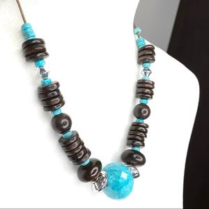 Teal and wooden beaded statement necklace
